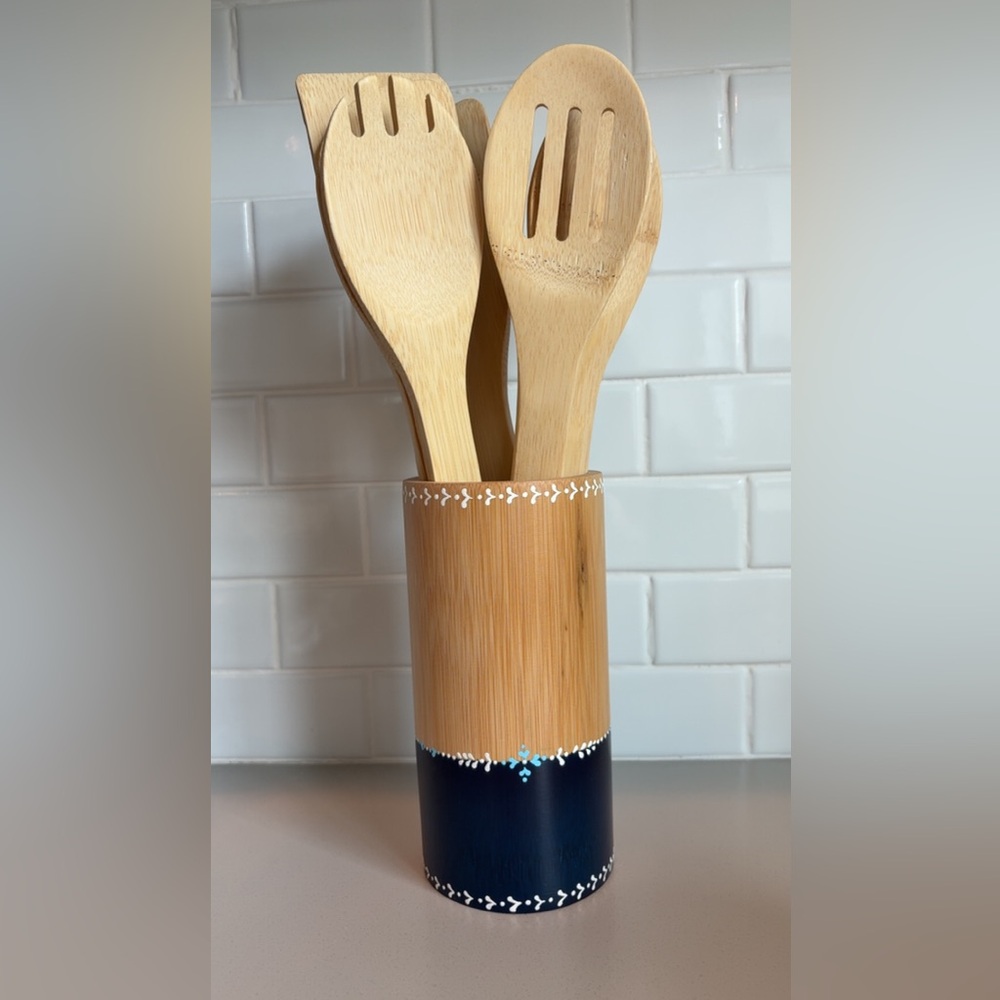 Folk Art Hand Painted Bamboo Utensil Holder with Wooden Spoons and Spatulas